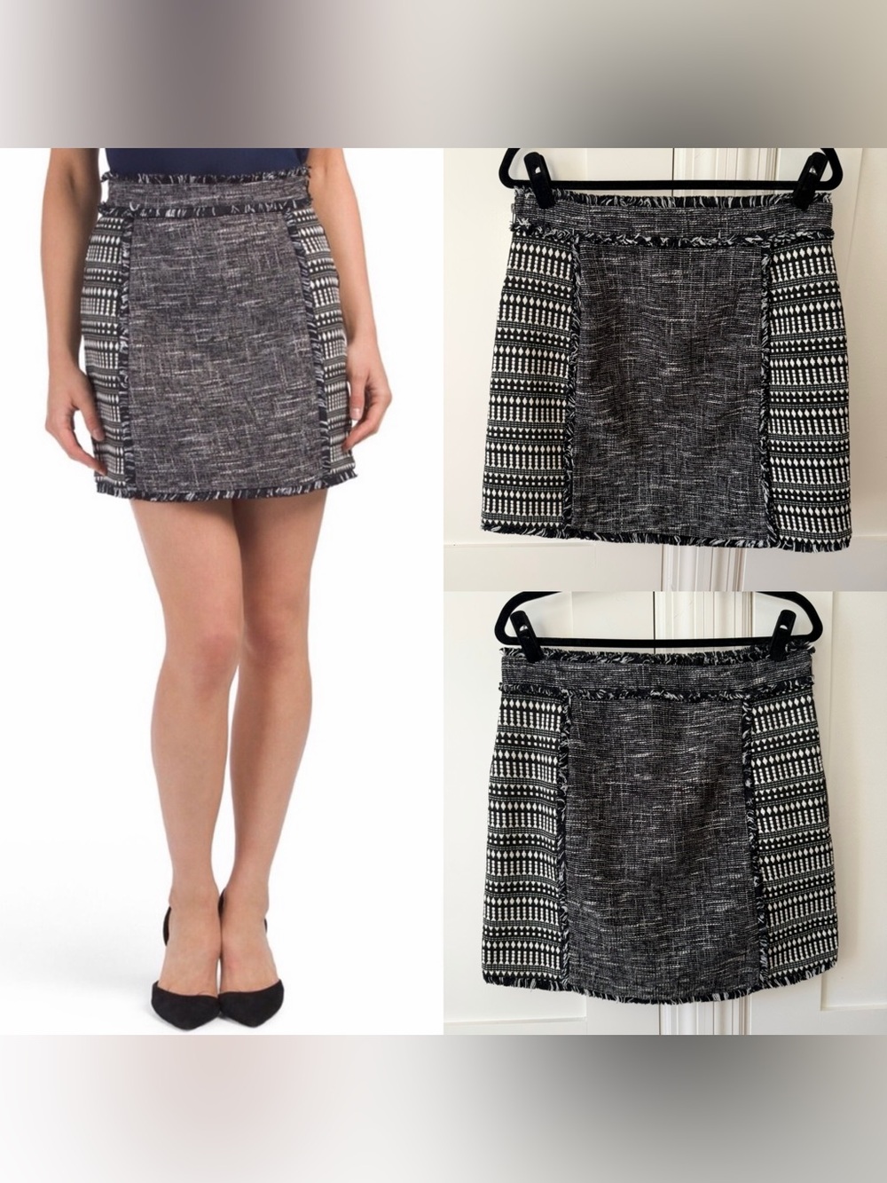 French Connection Tweed Geometric Fringe Mini Skirt Black White Sz 10